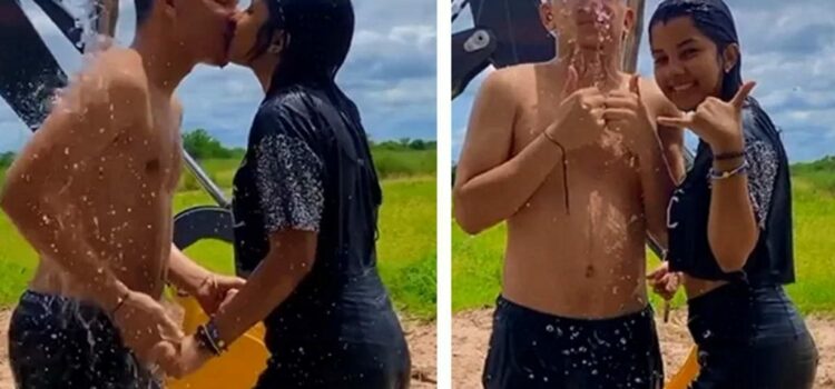 João Gomes tasca beijo em influenciadora durante banho de bica
